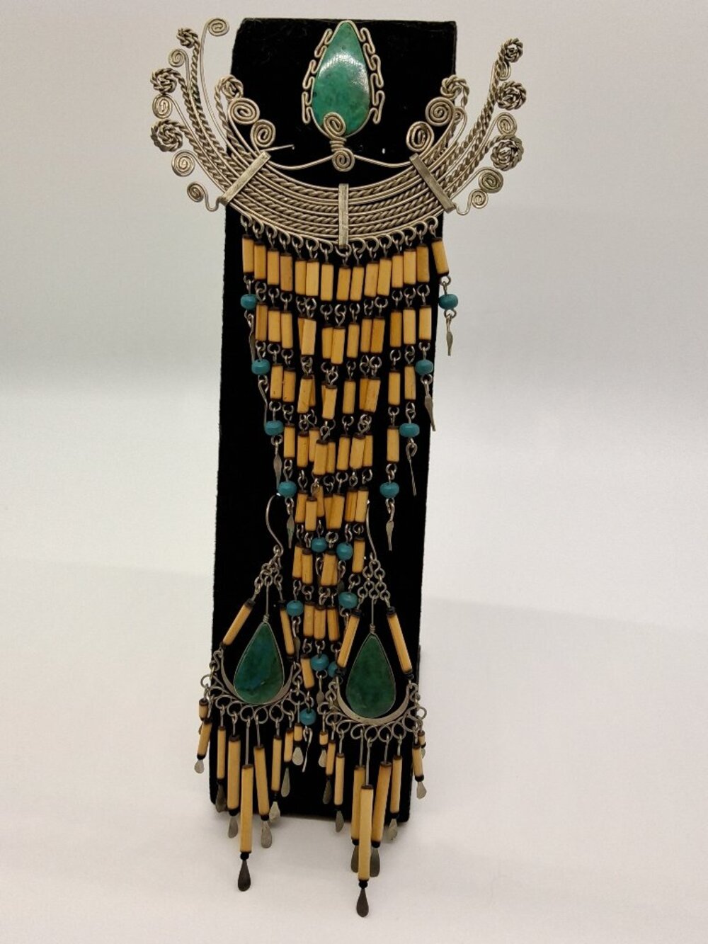 Peruvian Bamboo & Malachite Hand Wired Tassel Dangle Brooch & Matching Earrings